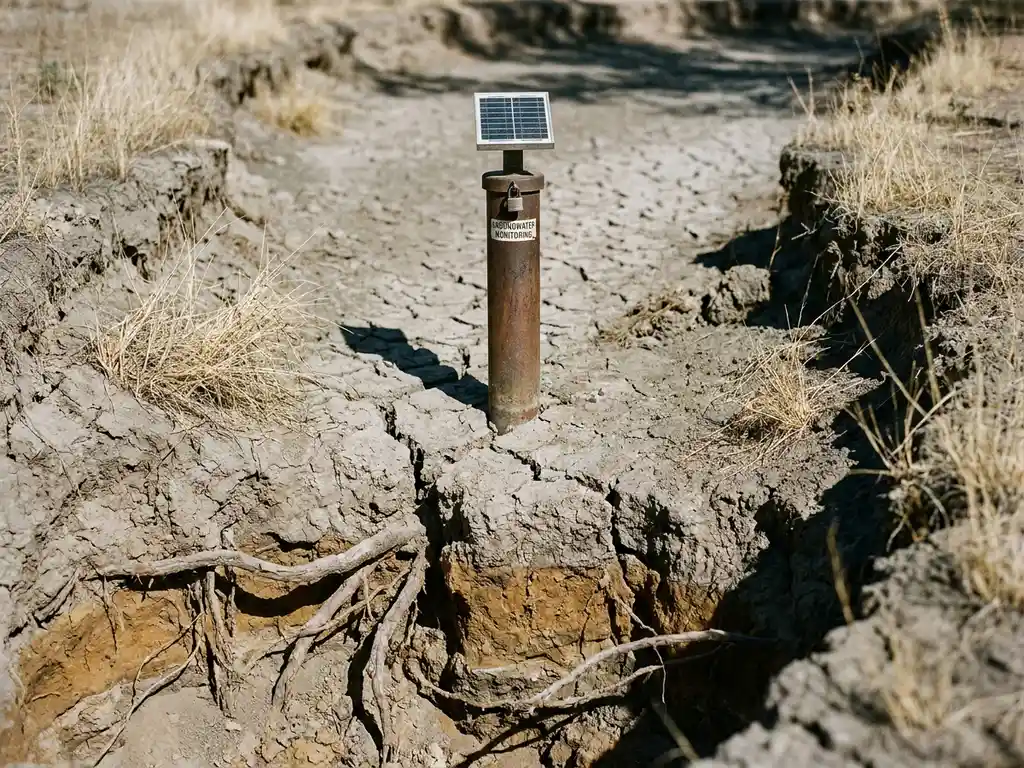 Ausgetrocknetes Flussbett mit Rissen, freigelegten Baumwurzeln und verrostetem Grundwasser-Messpegel im Mittelpunkt.