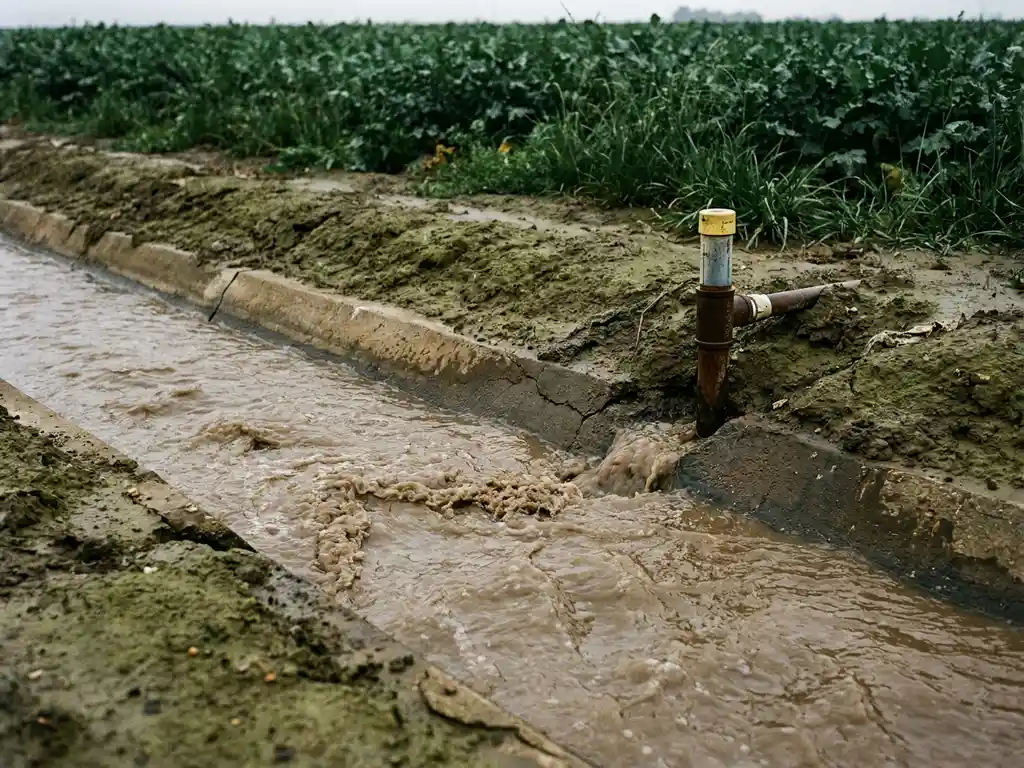 Trübes, sedimentreiches Wasser in einem rissigen Bewässerungskanal neben einem grünen Feld mit Grundwasser-Messrohr im Boden.