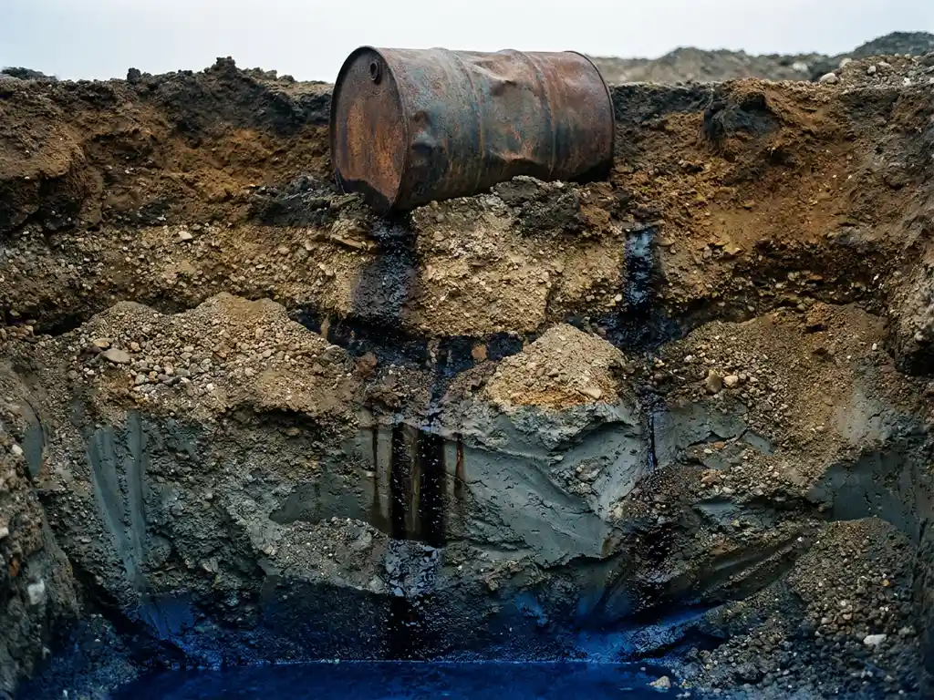 Verrostetes Industriefass versickert Schadstoffe durch Kies- und Tonschichten ins Grundwasser, geologischer Querschnitt in Ocker und Kobaltblau.