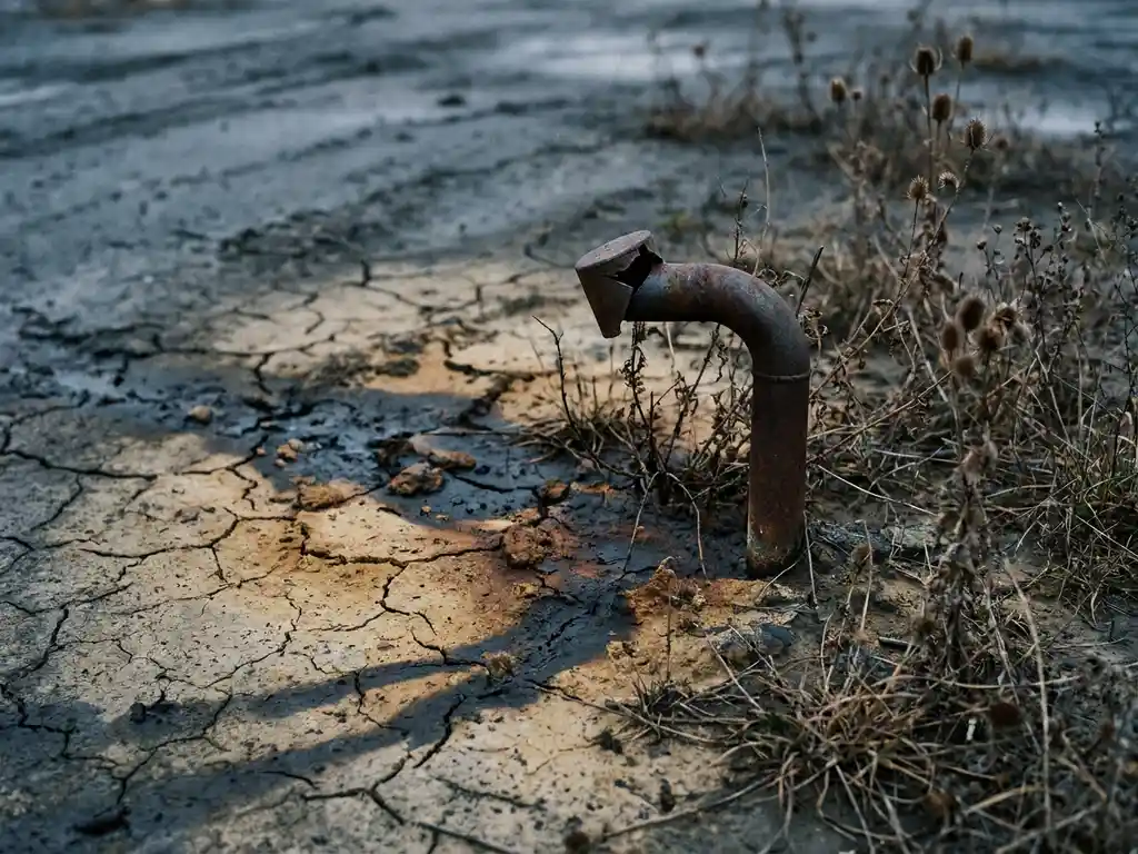 Rissiger, kontaminierter Industrieboden mit dunklen Verschmutzungsflecken, verwittertem Grundwassermessrohr und verdorrter Vegetation.
