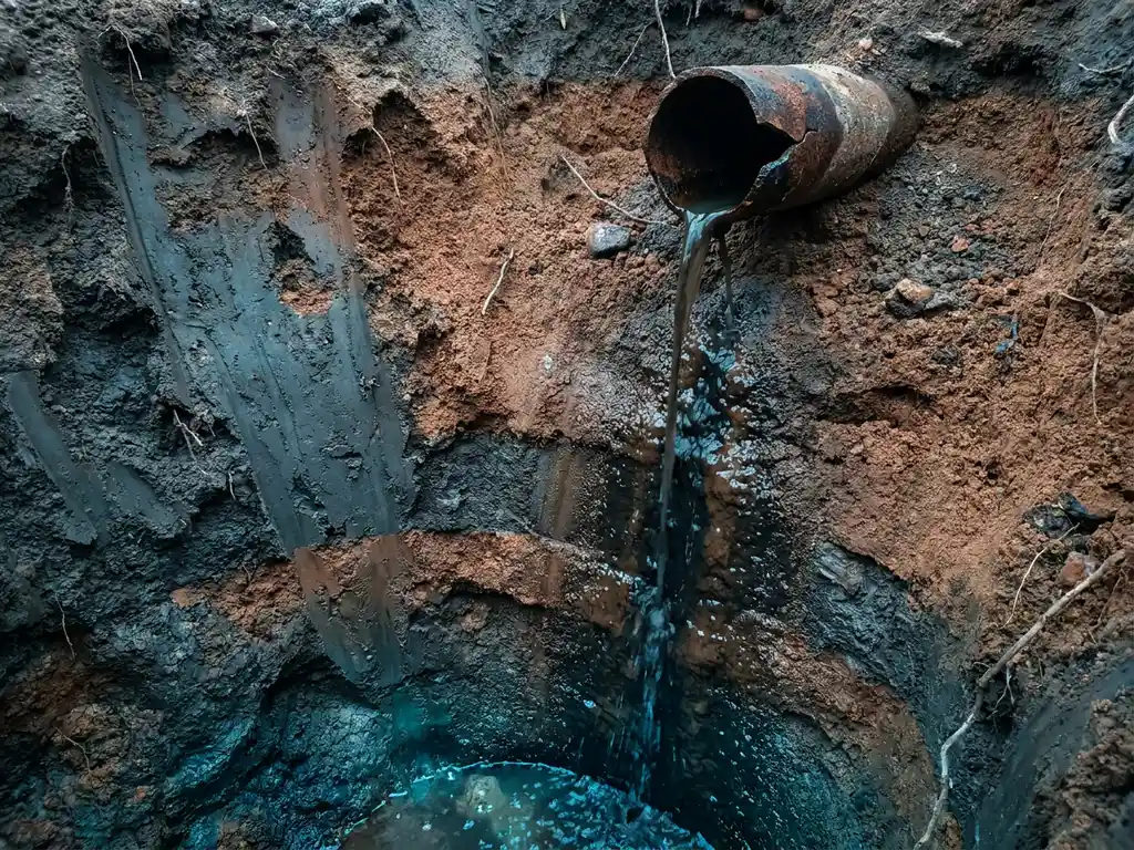 Korrodiertes Industrierohr leckt kontaminiertes Wasser durch Sand- und Tonschichten in das Grundwasser.