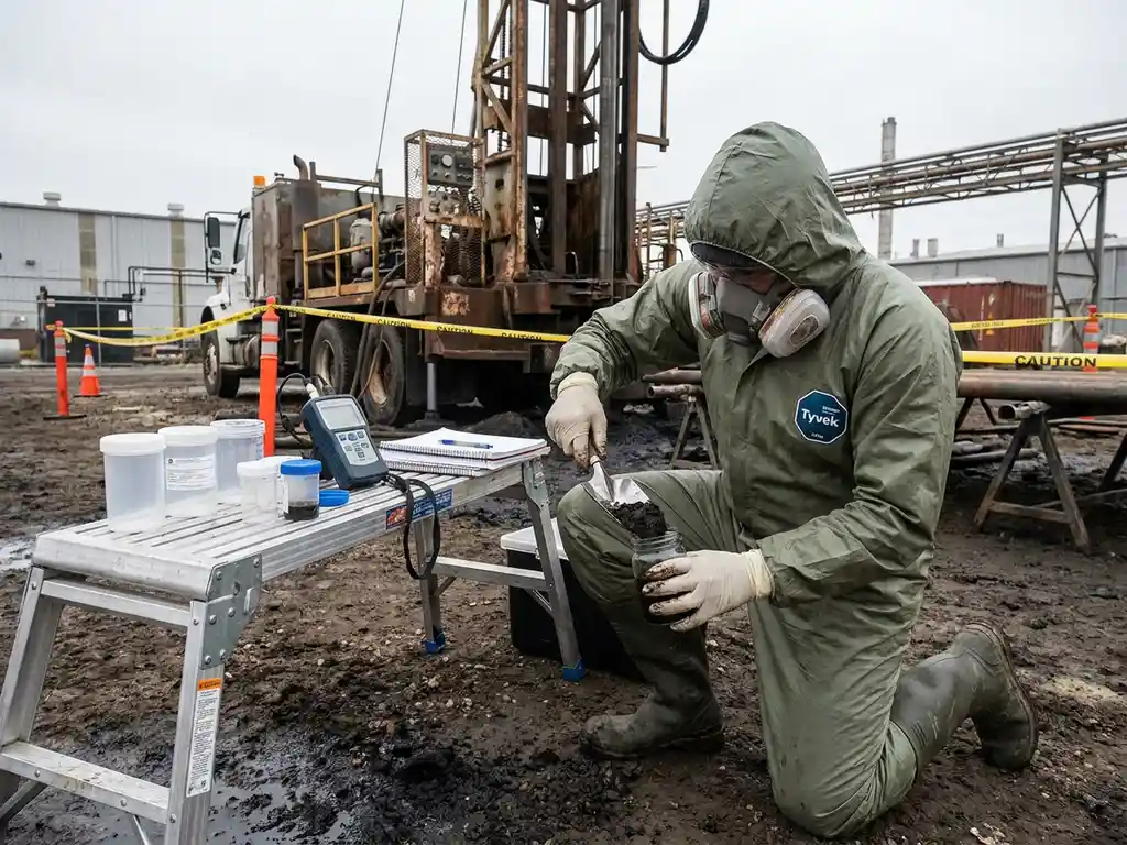 Umwelttechniker in Schutzausrüstung entnimmt Bodenproben an einem Sanierungsbohrgerät auf kontaminiertem Industriegelände.