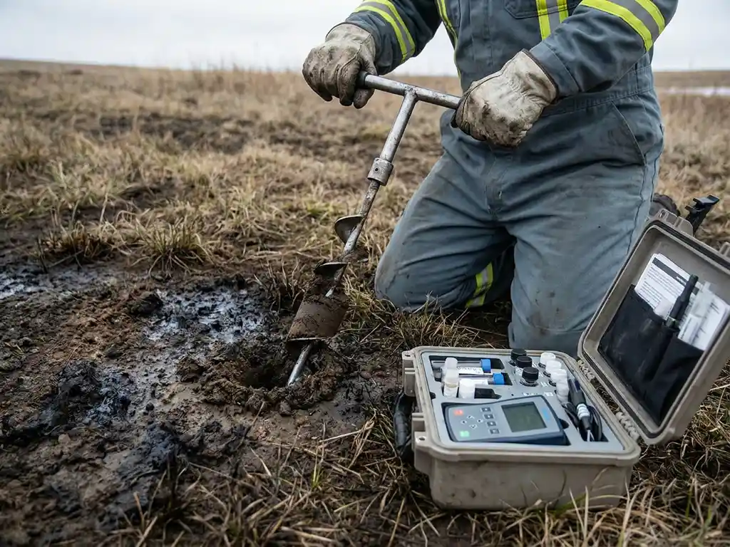 Umwelttechniker entnimmt Bodenkernprobe aus kontaminiertem Erdreich neben geöffnetem Feldtestkit.