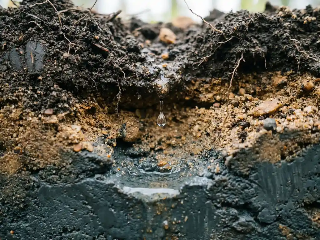 Querschnitt durch Bodenschichten mit dunklem Humus, Sandschicht und Lehm, Grundwasserpool und versickerndem Wassertropfen.