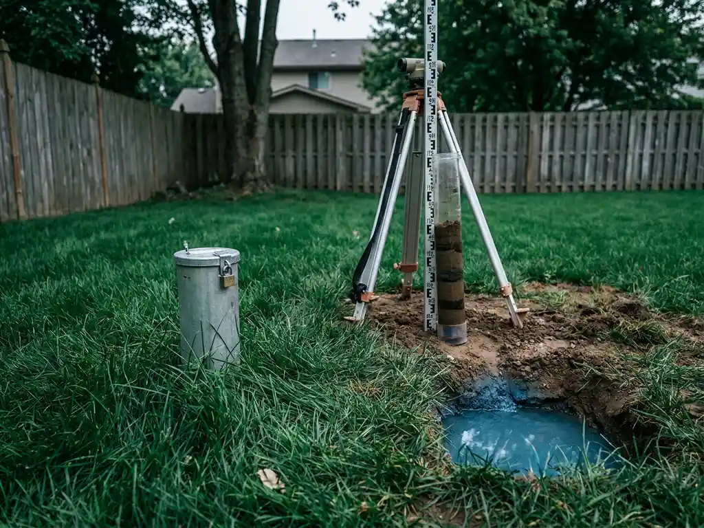 Grundwasser-Messbrunnen auf Rasenfläche mit Bodenkernsonde und Testgrube, in der klares Wasser sichtbar ist.