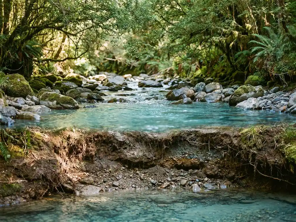 Klarer Süßwasserbach über glatte Flusssteine mit sichtbarem Querschnitt gesättigter Bodenschichten und Grundwasserspiegel darunter.