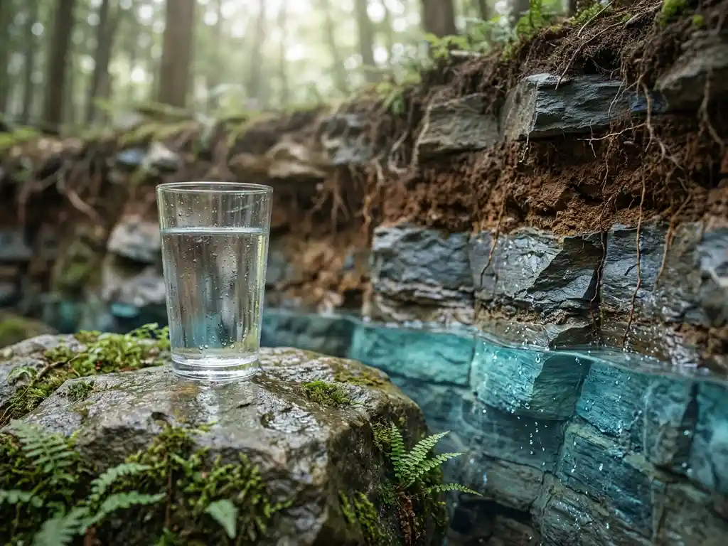 Klares Wasserglas auf moosigem Stein neben einem Erdquerschnitt, der eine natürliche Grundwasserschicht freilegt.