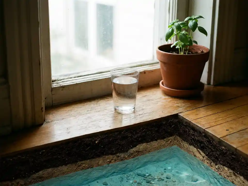 Klares Wasserglas auf Küchenfensterbrett neben Topfkräuter, mit sichtbarem Erdquerschnitt und natürlichem Grundwasser darunter.