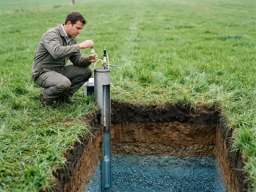 Techniker entnimmt Wasserprobe aus kommunalem Grundwasser-Überwachungsbrunnen mit sichtbaren Bodenschichten im Querschnitt.