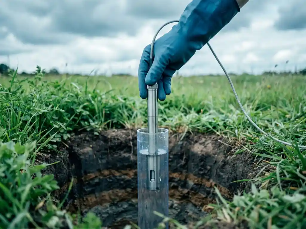 Umwelttechniker mit Handschuhen senkt Messsonde in Grundwasser-Überwachungsbrunnen, umgeben von grünem Gras und sichtbarem Bodenprofil.
