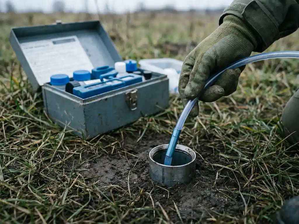 Umwelttechniker mit Handschuhen senkt Probenahmerohr in Grundwasser-Messstelle, Feldtestkit daneben auf feuchtem Boden.