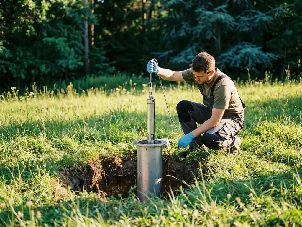 Umwelttechniker mit Handschuhen entnimmt Wasserprobe aus Grundwasser-Messstelle auf grüner Wiese im Sonnenlicht.
