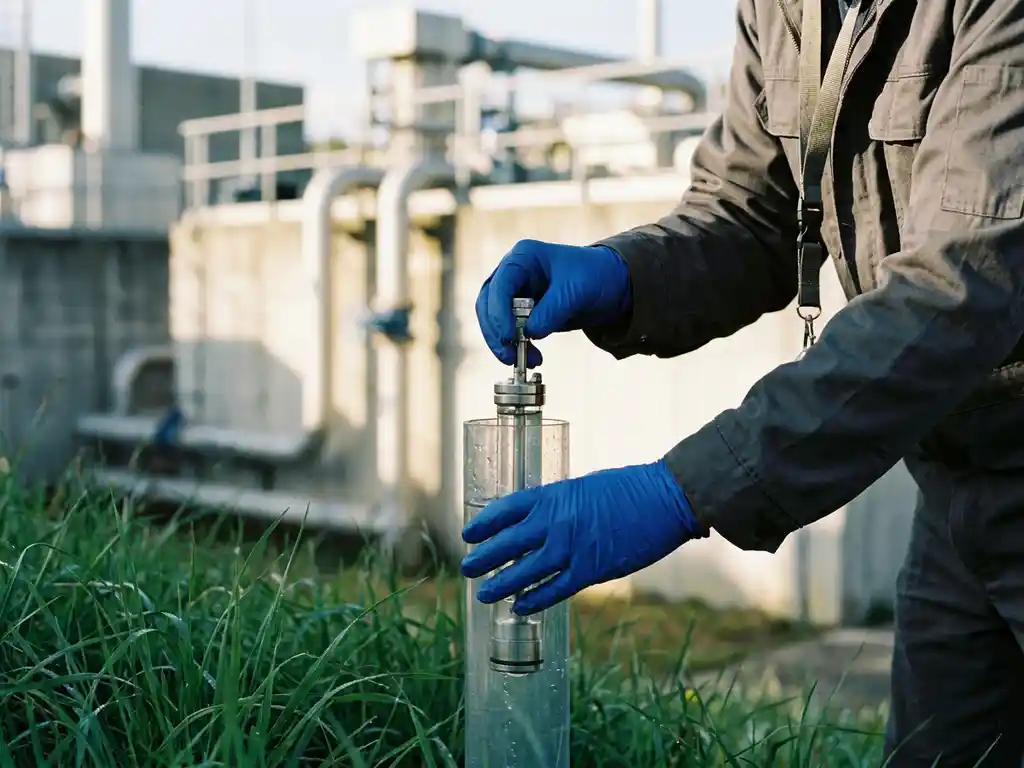Umwelttechniker mit Handschuhen lässt Wasserprobengerät in Grundwasser-Messbrunnen, Industrieanlage im Hintergrund.