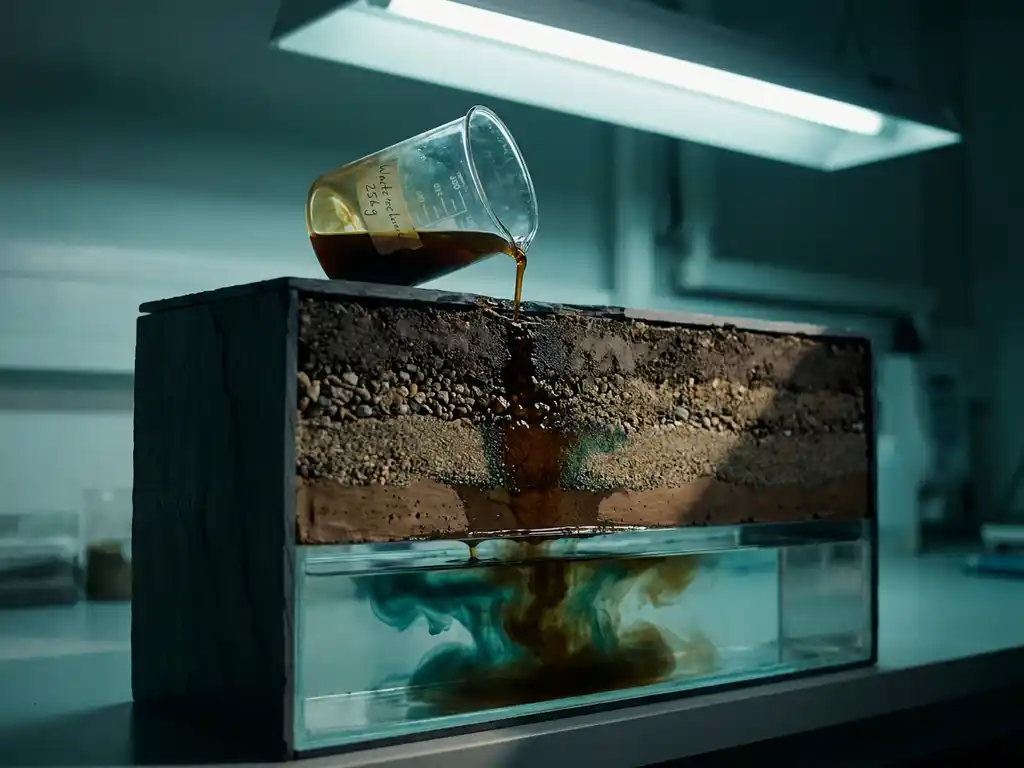 Glasbecher mit dunkler Flüssigkeit, die durch Erdschichten und Kies ins Grundwasser sickert, zeigt Bodenkontamination im Querschnitt.