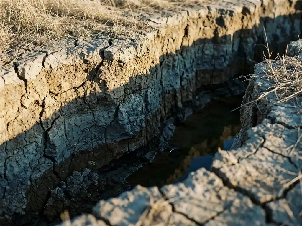 Aufgerissene, ausgetrocknete Erde mit sichtbarem Querschnitt zeigt einen tief abgesunkenen Grundwasserspiegel unter dürren Bodenschichten.