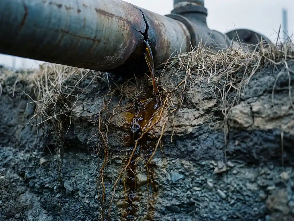 Gerissenes Industrierohr leckt dunkle Chemikalien in Erdschichten, die sichtbar zum Grundwasser-Kiesaquifer versickern.