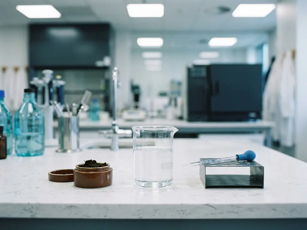 Glasbecher mit klarem Wasser, wissenschaftliche Pipette und Bodenprobe auf weißer Steinoberfläche für Umwelttests.