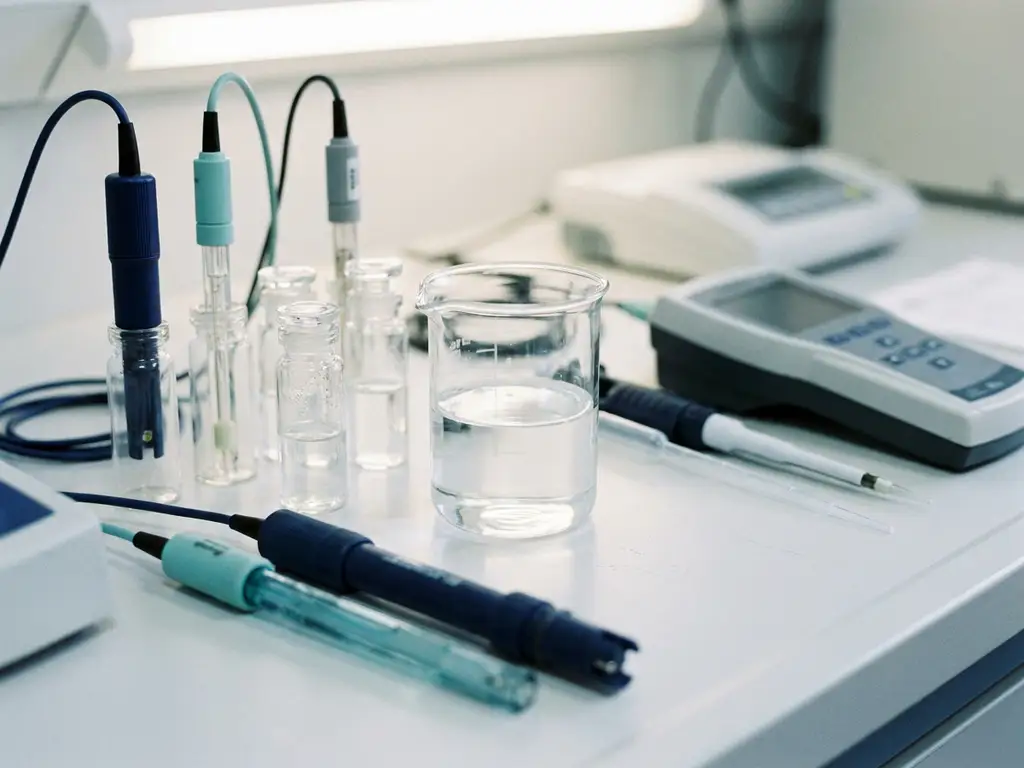 Glasbecher mit klarem Wasser neben Messinstrumenten und Probenfläschchen auf weißer Laborfläche.