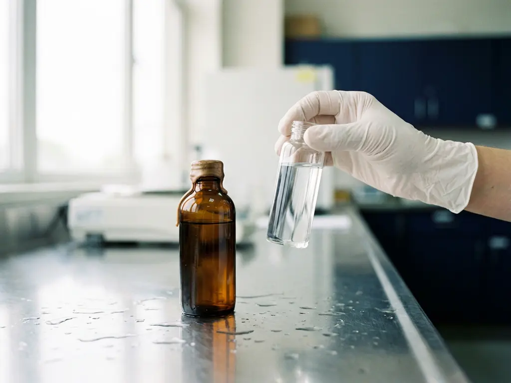 Klares Wasserproben-Fläschchen neben amberversiegelter Behörden-Testflasche auf Edelstahloberfläche im Gegenlicht.