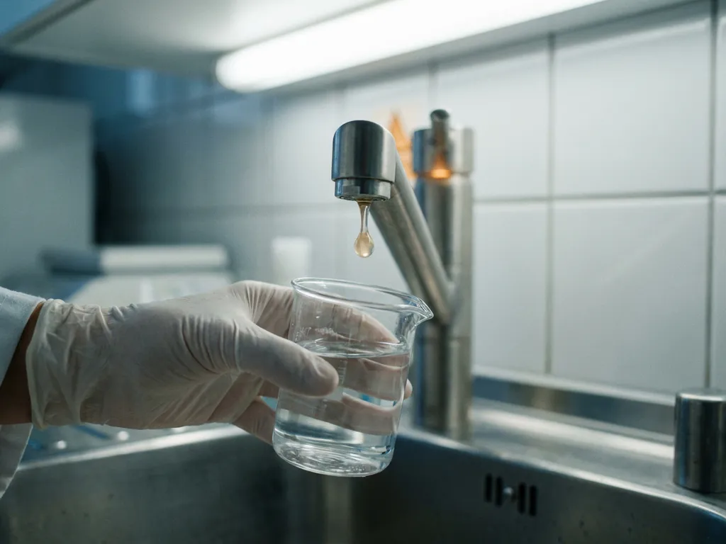 Klares Wasserglas unter Laborzapfhahn mit trübem Wassertropfen in der Luft, sterile Fliesen und Edelstahlspüle im Hintergrund.