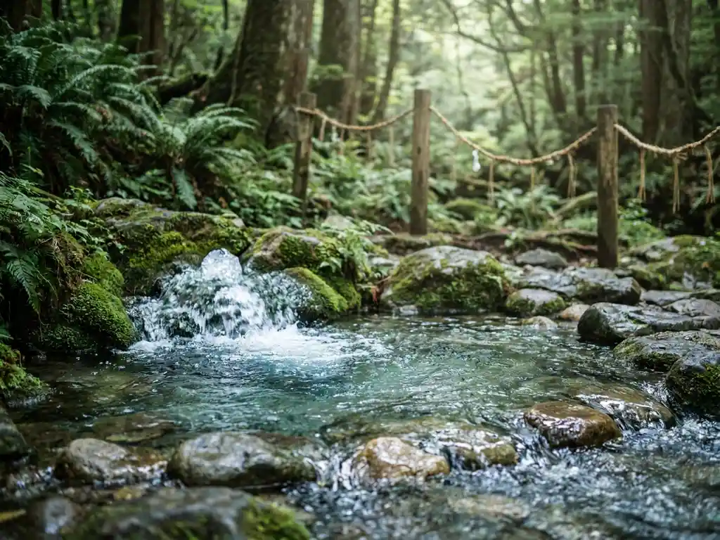 Natürliche Quelle sprudelt aus moosbedeckten Felsen im dichten Wald, klares Wasser fließt über glatte Steine im gedämpften Tageslicht.