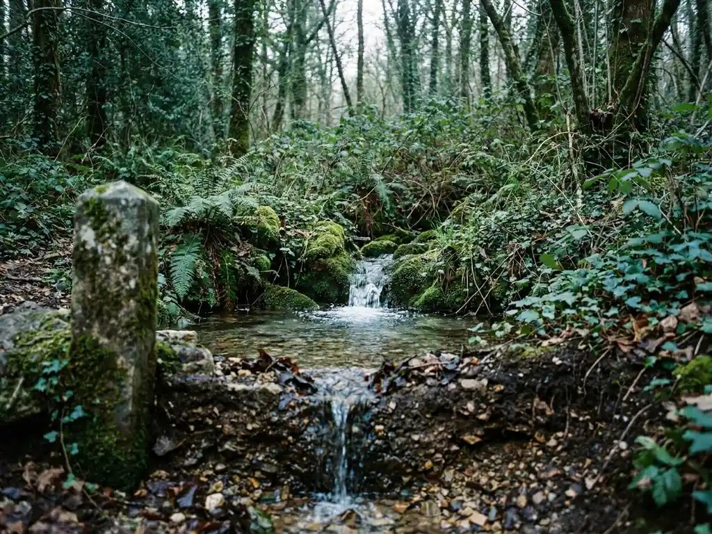 Natürliche Quelle mit kristallklarem Wasser, die aus moosbedecktem Waldboden sprudelt, umgeben von dichtem Unterholz und einem verwitterten Grenzstein.