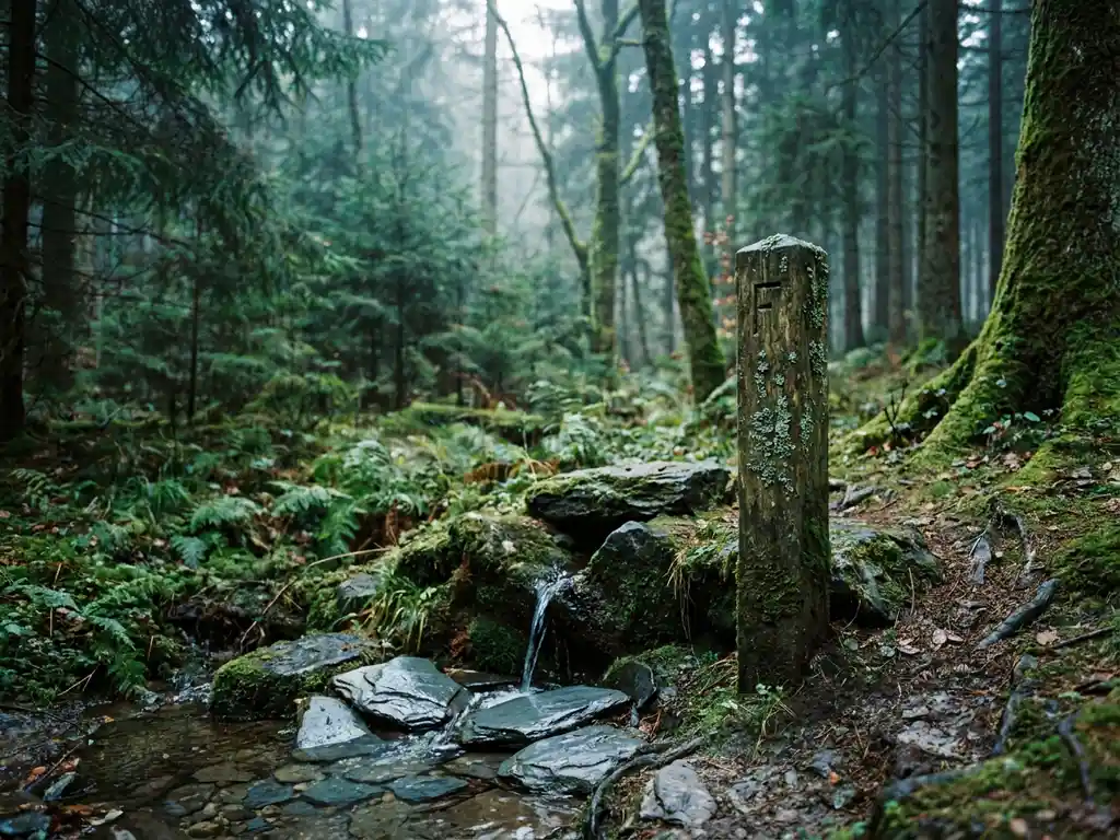 Natürliche Quelle sprudelt über moosbedeckte Steine im deutschen Wald, verwitterter Grenzpfahl im Vordergrund, diffuses Licht durch Kiefernkronen.