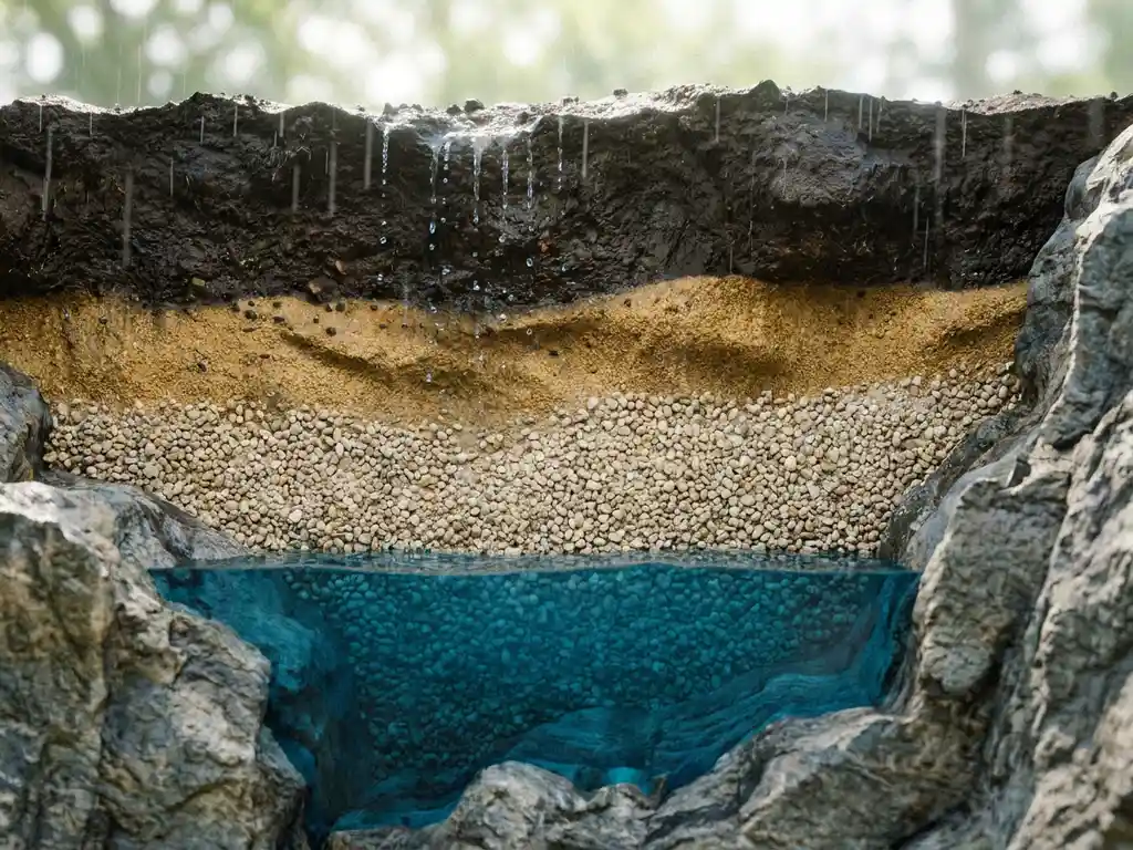 Geologischer Querschnitt zeigt Regenwasser, das durch Mutterboden, Sand und Kies in einen blauen Grundwasserleiter versickert.