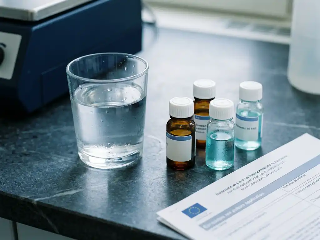 Klares Wasserglas neben Probenahme-Fläschchen auf Labortisch mit EU-Regulierungsdokument, kalte Blau- und Weißtöne.