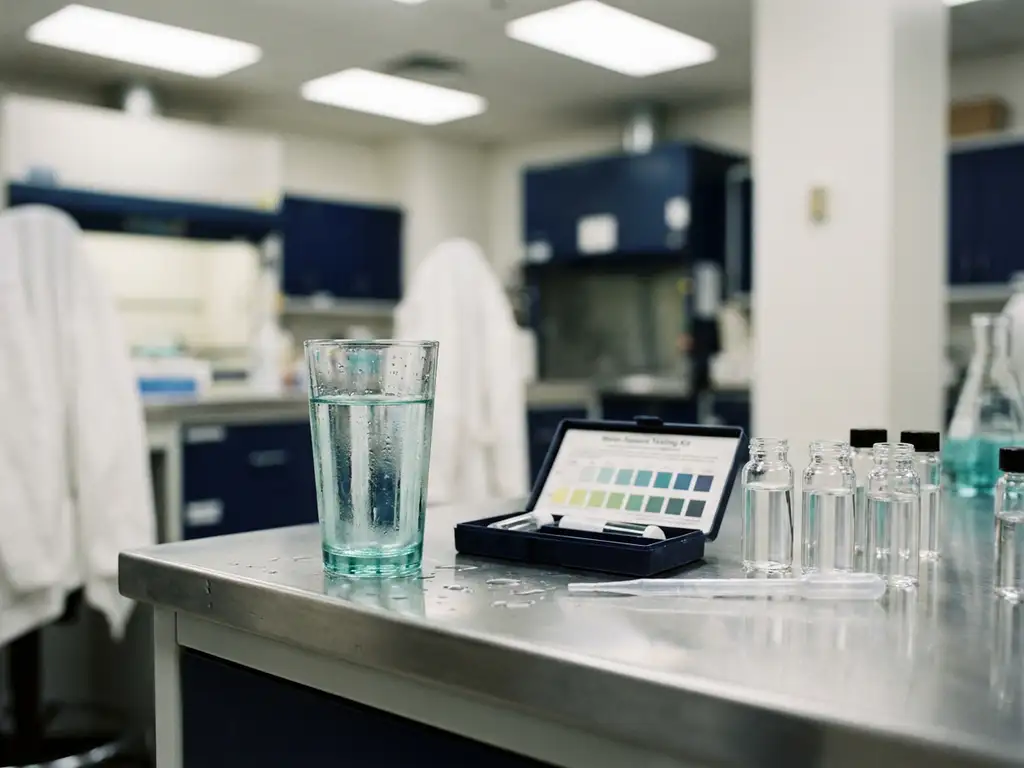 Klares Trinkwasser im Glas neben Wassertest-Kit und Probenfläschchen auf Laborbank aus Edelstahl.