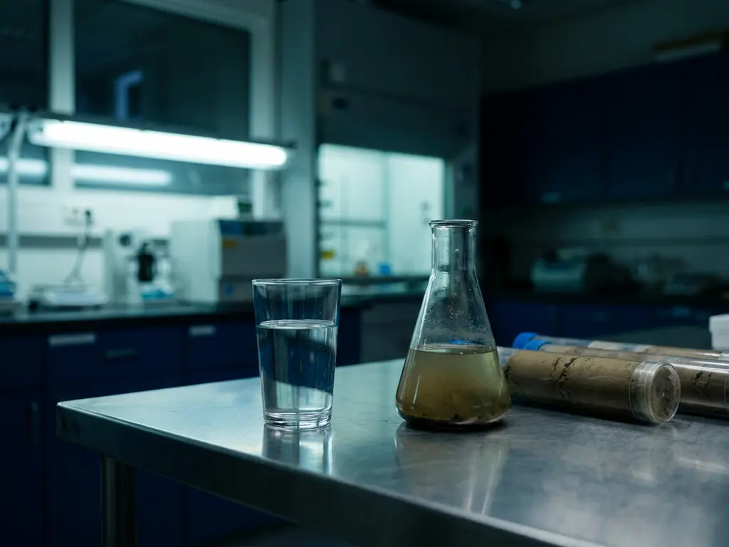 Klares Trinkwasser im Glas neben trübem Umweltwasserprobe-Kolben auf Stahltisch mit Bodenkernen im Labor.
