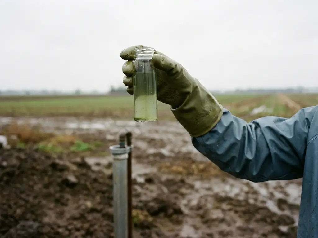 Umweltwissenschaftlerin entnimmt Wasserprobe aus Messbrunnen auf Agrarfläche, trüb grünes Wasser in Glasampulle vor bewölktem Himmel.
