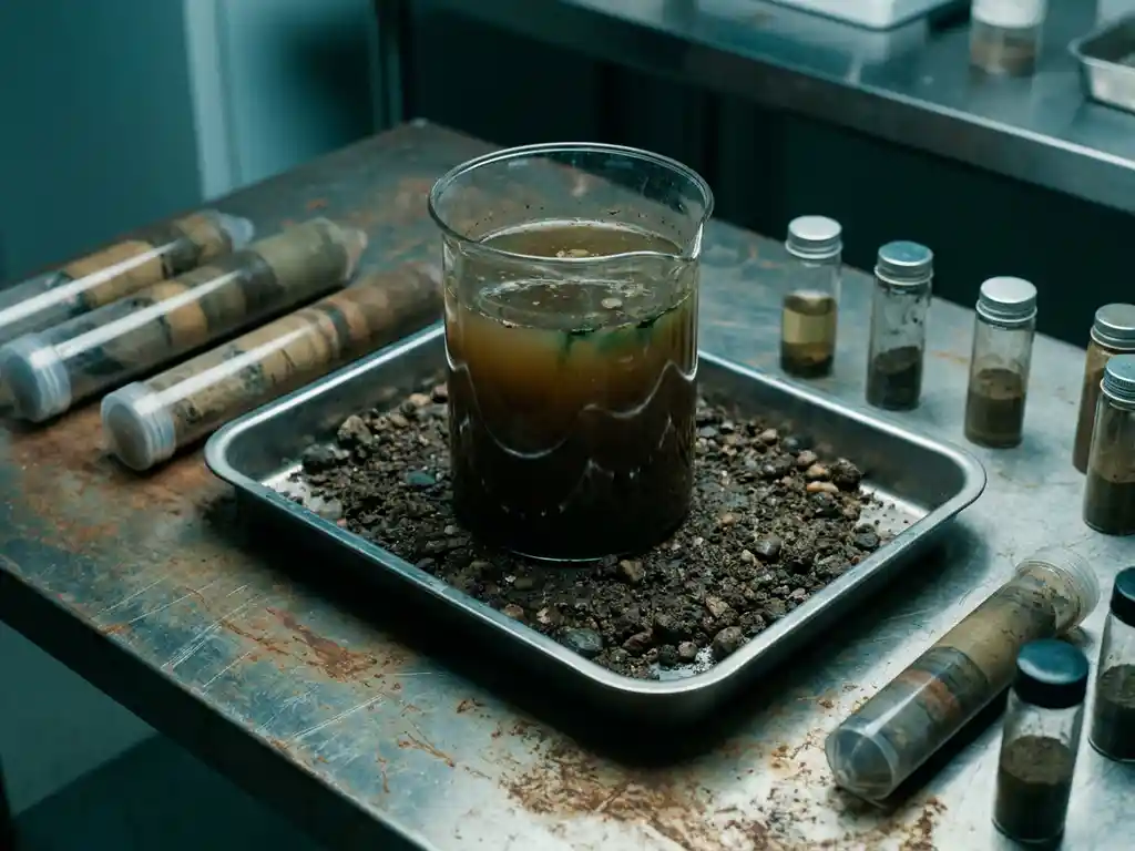 Glasbecher mit trübem Schmutzwasser auf Bodenproben-Tablett, umgeben von Sedimentkernen und Feldtest-Fläschchen auf verwittertem Stahltisch.