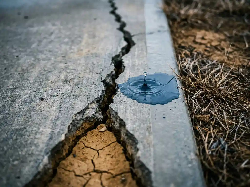 Gerissener Betonboden mit tiefer Spalte und trockenem Erdreich darunter, während ein Regentropfen auf versiegeltem Untergrund aufprallt.