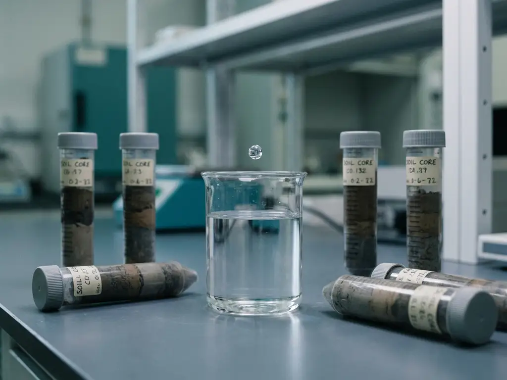 Wassertropfen fällt in ein Glas auf einer Laboroberfläche, umgeben von versiegelten Bodenproben in Röhrchen, gedämpfte Farbtöne.