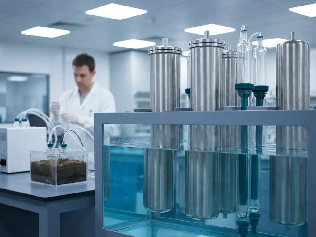 Edelstahl-Filtrationsanlage zur Wasseraufbereitung mit zylindrischen Reinigungssäulen in klarem blauen Wasser, Laborumgebung.