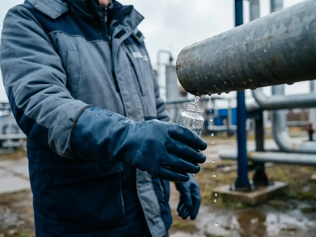 Industriearbeiter mit Schutzhandschuhen entnimmt Wasserprobe in Glasfläschchen an einer Metallrohrleitung im Freien.