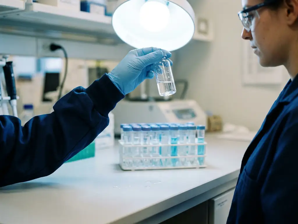 Wissenschaftler mit Handschuhen hält Glasfläschchen mit klarem Wasser ins Laborlicht, Wasserproben in Röhrchen im Hintergrund.