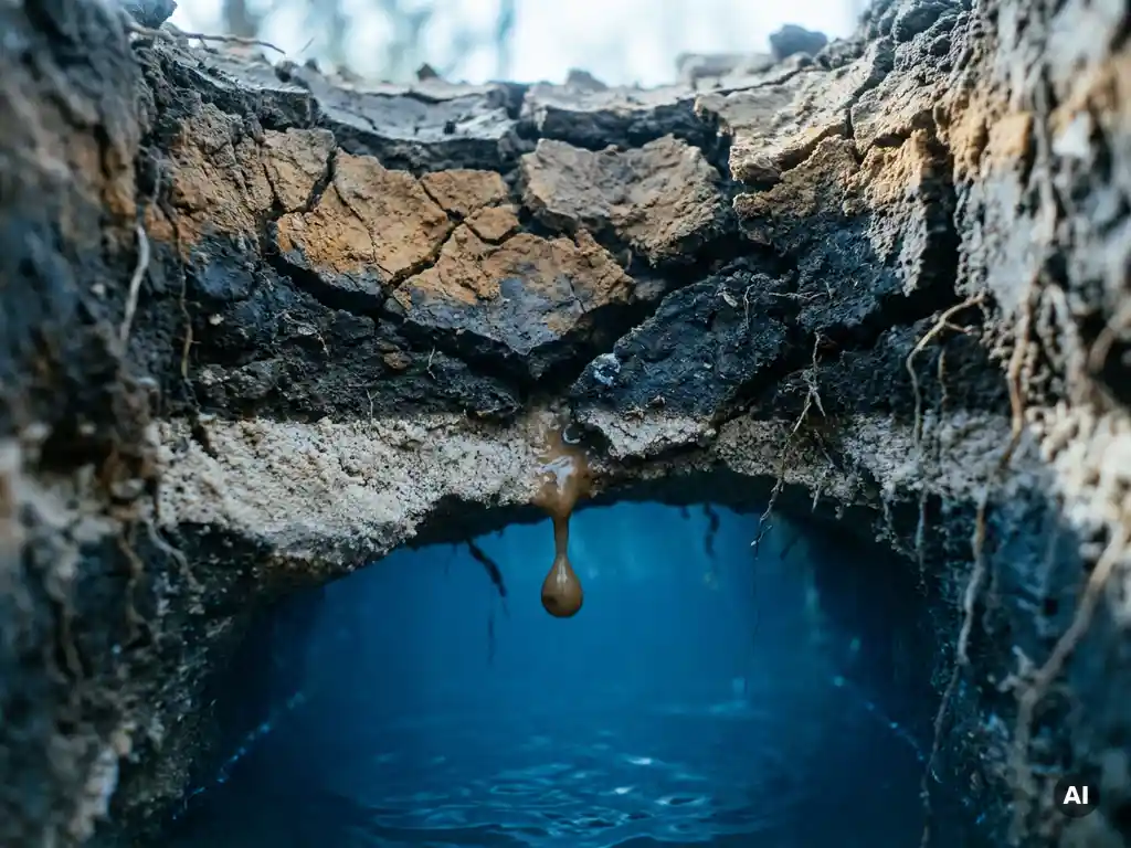 Verseuchte Erdschichten über einem Grundwasserleiter, mit einem trüben Wassertropfen, der durch sandiges Sediment in das klare Aquifer sickert.