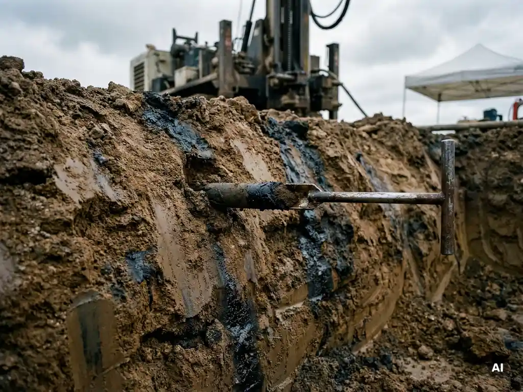 Metallsonde entnimmt kohlenwasserstoffbelastete Bodenprobe an aktivem Sanierungsstandort, Bohrausrüstung im Hintergrund.