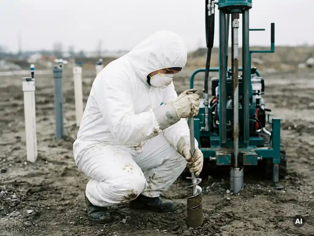 Umweltspezialist in Schutzanzug entnimmt Bodenkernproben an kontaminiertem Industriestandort mit Grundwassermessstellen.