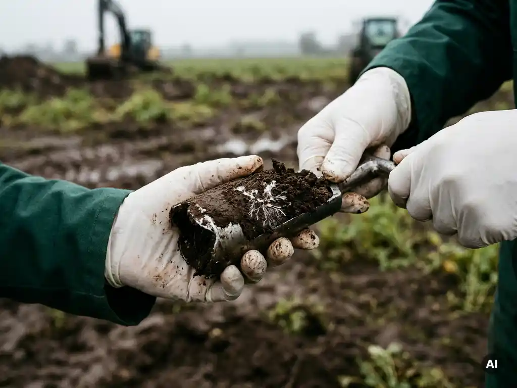 Umwelttechniker entnimmt Bodenkernprobe mit sichtbarem weißem Myzelwachstum bei der Bodensanierung.