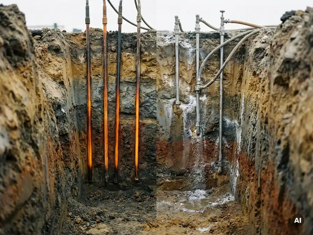 Kontaminierter Bodenaushub mit Wärmeinjektionssonden und chemischen Injektionsbrunnen in einem Sanierungsgraben, Ocker- und Rostfarbtöne.
