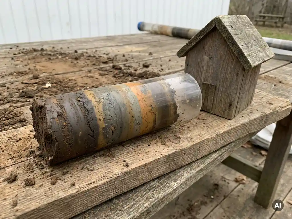 Bodenkernprobe mit Kontaminationsschichten neben Hausmodell auf verwittertem Holz, zeigt Bodenverschmutzung in Braun- und Grautönen.