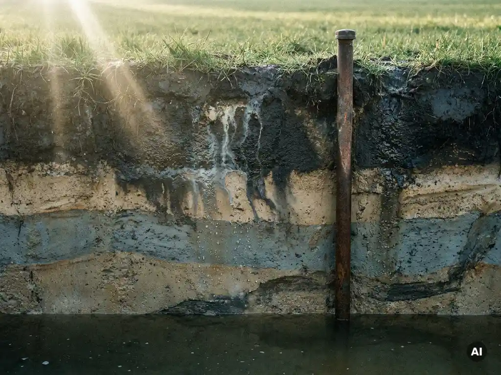 Bodenquerschnitt zeigt kontaminierte Erdschichten unter grüner Wiese mit Schadstoffausbreitung bis zum Grundwasser und einem Überwachungsbrunnen.