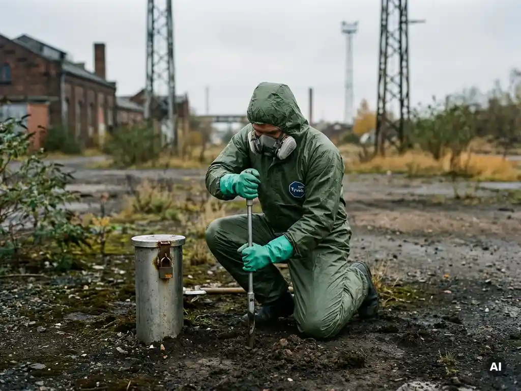 Umwelttechniker in Schutzausrüstung entnimmt Bodenprobe an einem Grundwasser-Messbrunnen auf kontaminiertem Industriegelände.