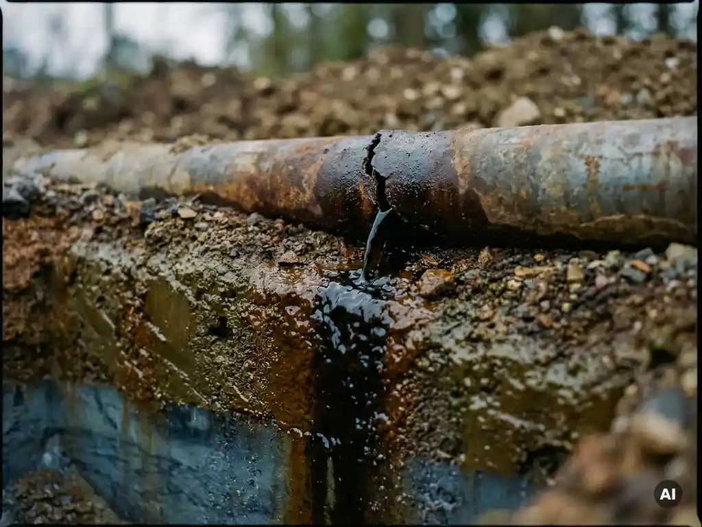 Gerissenes Industrierohr leckt kontaminierte Flüssigkeit in verseuchten Boden über einer freigelegten Grundwasserschicht.