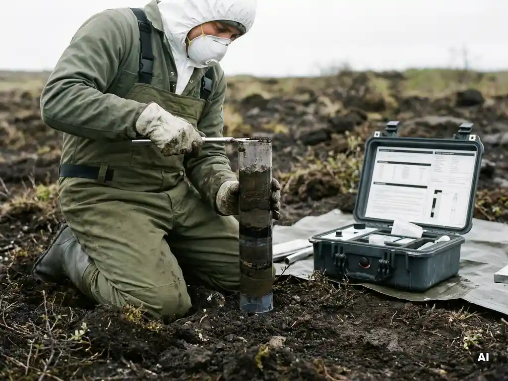 Umwelttechniker in Schutzausrüstung entnimmt Bodenkernprobe aus kontaminiertem Erdreich, dunkle Schichten im Zylinder sichtbar.