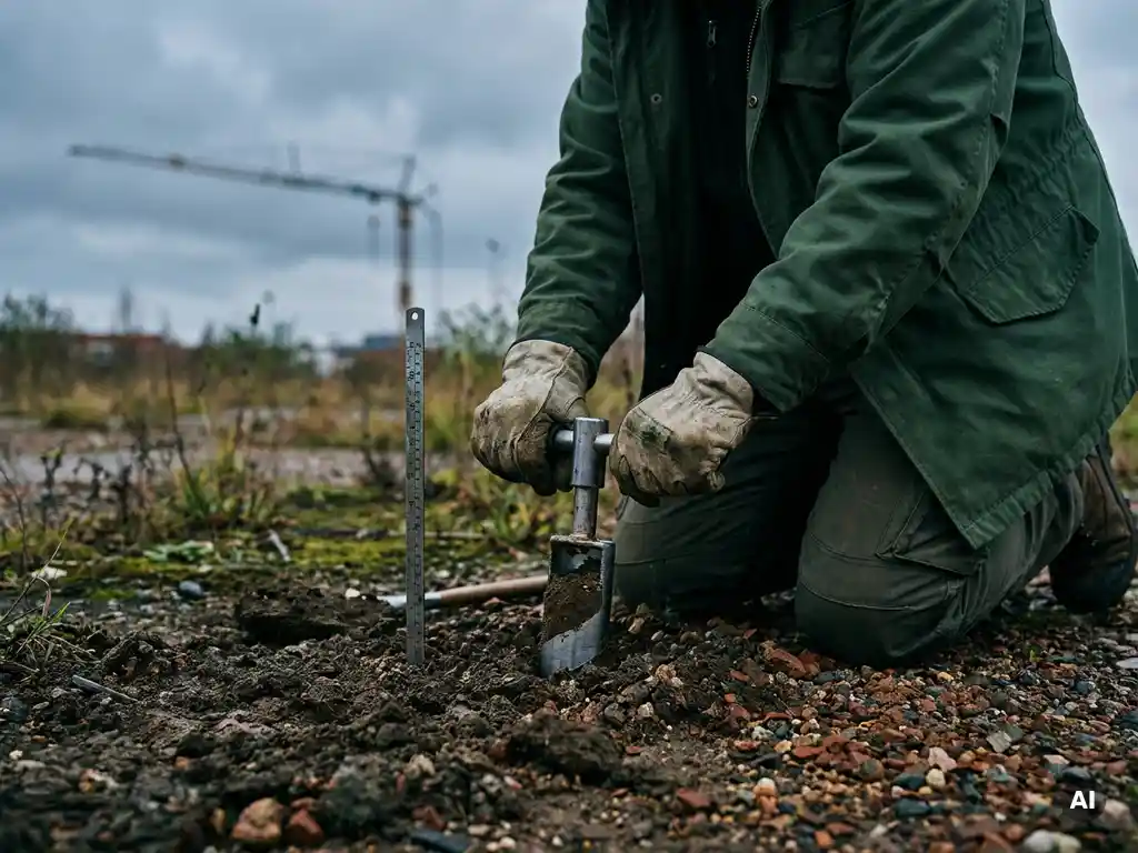 Umweltgutachter in Schutzhandschuhen entnimmt Bodenkernprobe auf Industriebrache, Meßsonde im dunklen Erdreich, Baukran im Hintergrund.