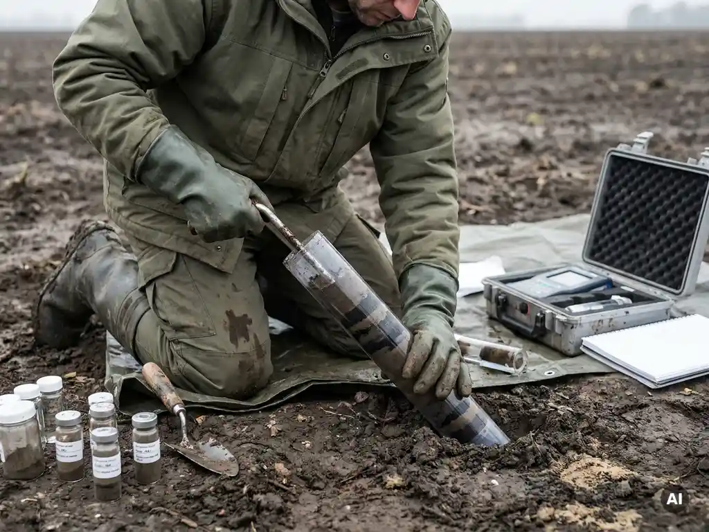 Umwelttechniker mit Schutzhandschuhen entnimmt Bodenkernprobe aus kontaminiertem Erdreich, dunkle Schichten im Probenrohr sichtbar.
